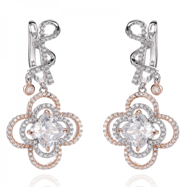 Flower Shape Diamond Pink And Round White Cubic Zircon Rhodium Silver Earring 