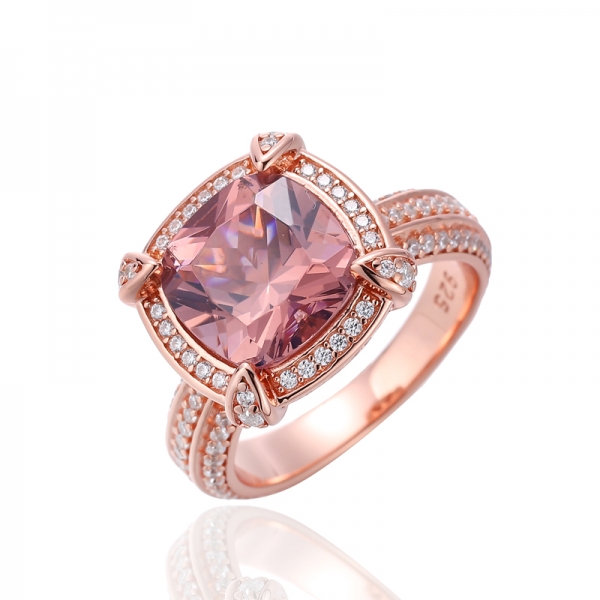 Almofada Morganite Nano e anel de prata redondo de zircão cúbico branco com banho de ouro rosa 