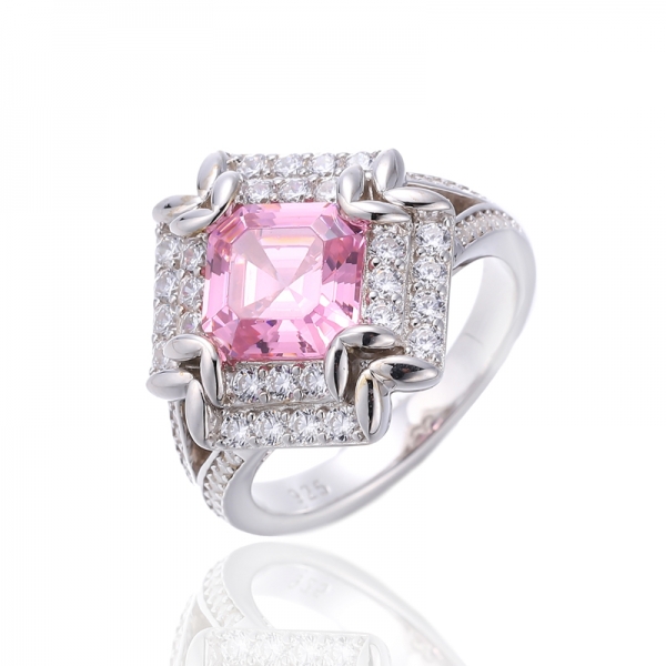 Anel de prata Asscher rosa e redondo branco com zircão cúbico em ródio 