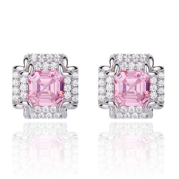 Brinco Asscher Rosa e Redondo Branco Cubic Zircon Prata Ródio 