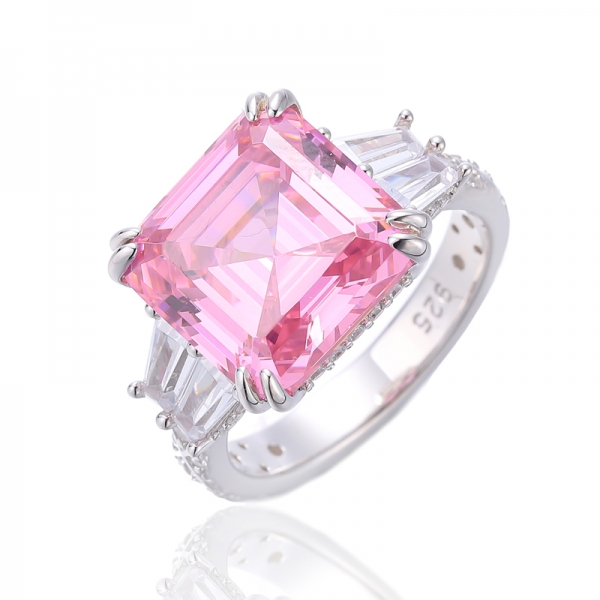 Anel de prata ródio com zircão cúbico rosa e branco Asscher 