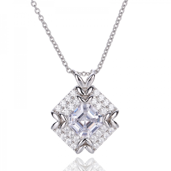 Asscher Pink And Round White Cubic Zircon Rhodium Silver Pendant 