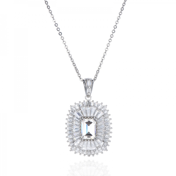 Emerald Cut Tanzanite And White Cubic Zircon Rhodium Silver Pendant 