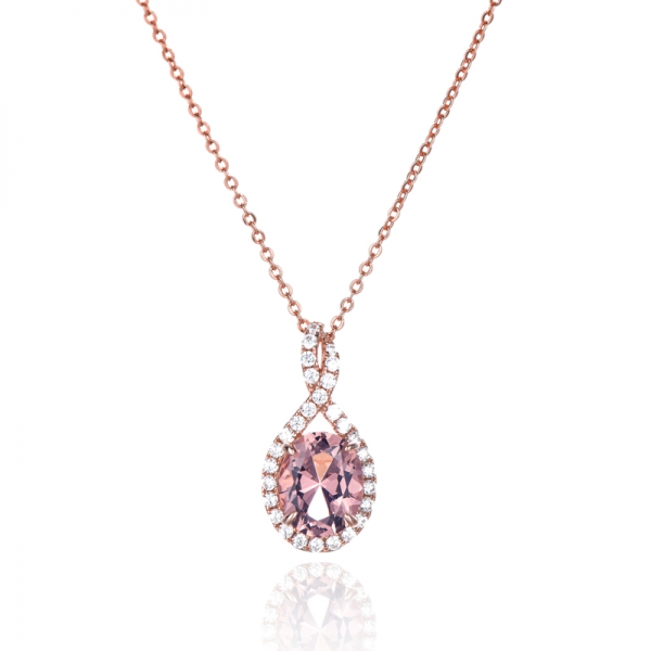 Forma oval Morganite Nano e pingente de prata de zircão cúbico branco redondo com revestimento Rose Glod 