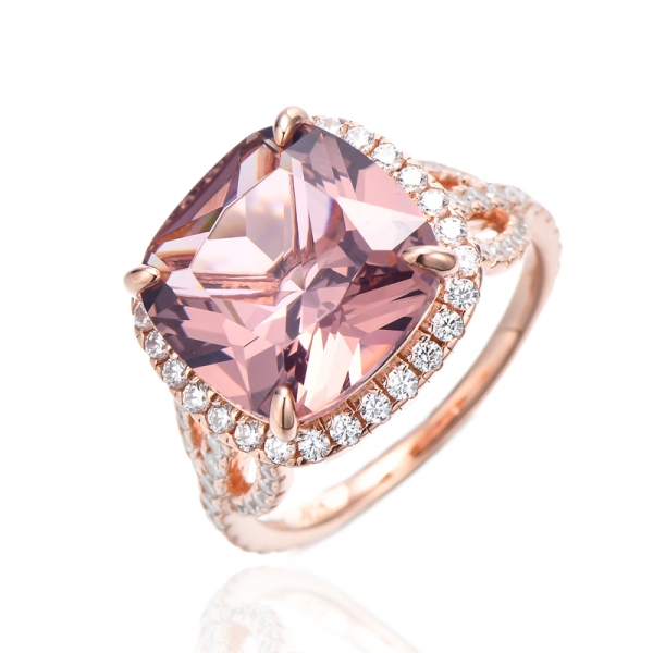 925 Cushion Morganite Nano And Round White Cubic Zircon Silver Ring With Rose Gold Plating 