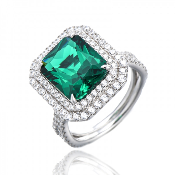 Octagon Green Nano And Round White Cubic Zircon Rhodium Silver Ring 