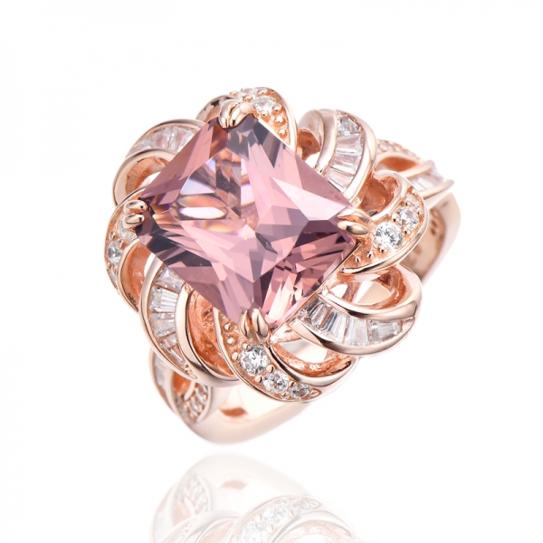 Octagon Morganite Nano e anel de prata de zircão cúbico branco com chapeamento de ouro rosa 