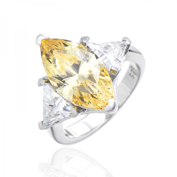 Anel de prata ródio com zircão cúbico amarelo e branco Marquise Diamond 