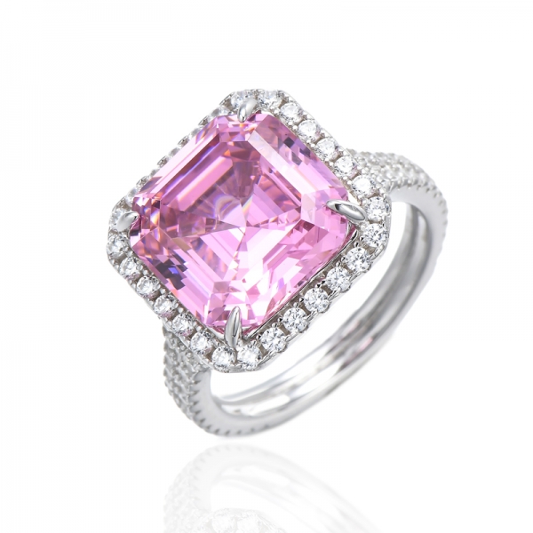 Anel de prata Asscher rosa e redondo branco com zircão cúbico em ródio 