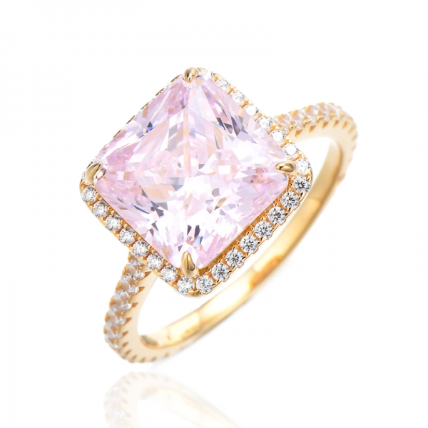 Anel de prata de zircão cúbico branco redondo e rosa diamante octógono com chapeamento de ouro 