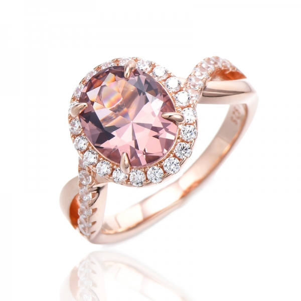 Morganite de forma oval Nano e anel de prata de zircão cúbico branco redondo com chapeamento de ouro rosa 