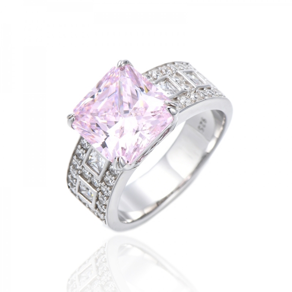 Anel de prata octógono diamante rosa e branco com zircão cúbico e ródio 