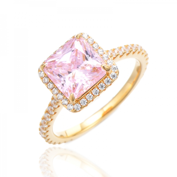 Anel de prata de zircão cúbico branco redondo e rosa diamante octógono com chapeamento de ouro 