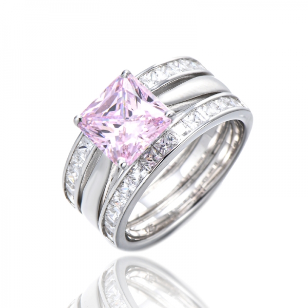 Anel de prata octógono diamante rosa e quadrado branco com zircão cúbico em ródio 