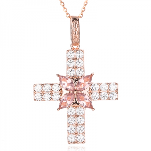 Marquise Morganite Nano e pingente redondo de prata com zircônia cúbica branca e revestimento Rose Glod 