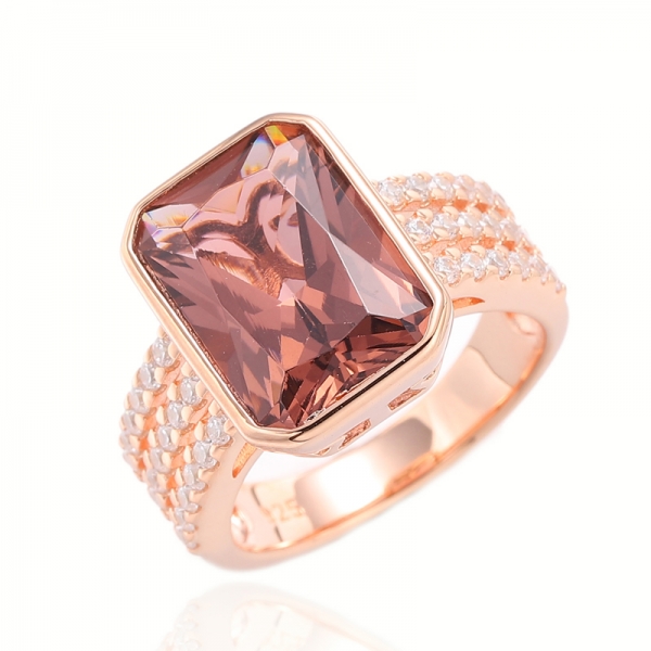 Octagon Morganite Nano e anel de prata de zircão cúbico branco redondo com chapeamento de ouro rosa 