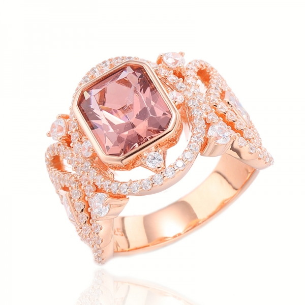 925 Octagon Morganite Nano e anel de prata de zircão cúbico branco com chapeamento de ouro rosa 