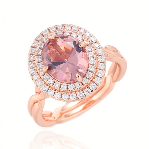 Morganite de forma oval Nano e anel de prata de zircão cúbico branco redondo com chapeamento de ouro rosa 