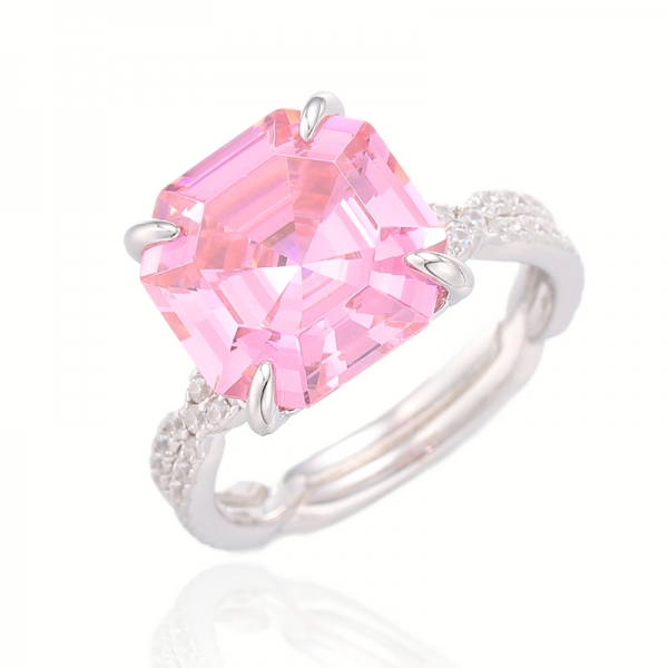 Anel de prata Asscher rosa e redondo branco com zircão cúbico em ródio 