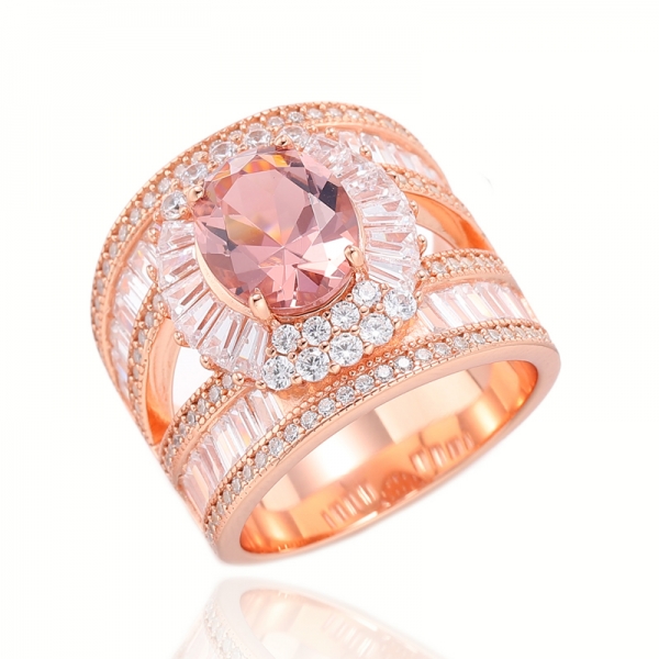 Anel de prata de zircão cúbico nano e branco de morganite de forma oval com chapeamento de ouro rosa 