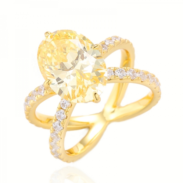 Amarelo de diamante de forma oval e anel de prata de zircão cúbico branco Ruond com chapeamento de ouro 