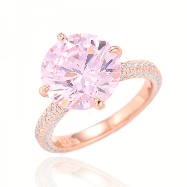 Anel de prata redondo do zircão cúbico cor-de-rosa e branco do diamante com chapeamento de ouro de Rosa 