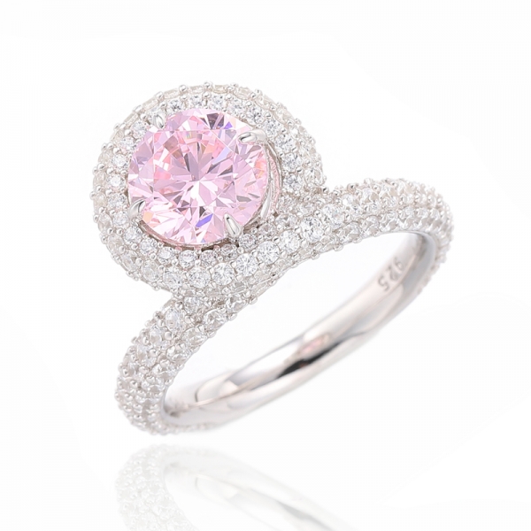 Anel de prata redondo diamante rosa e redondo branco zircão cúbico ródio 