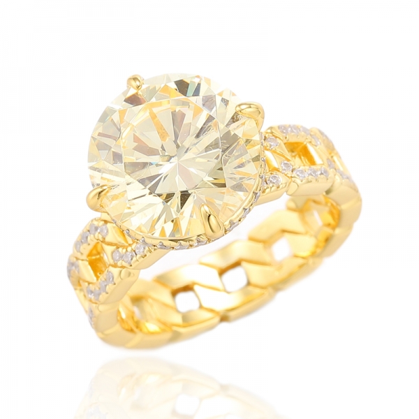 Anel de prata de zircão cúbico amarelo e branco Ruond Diamond com chapeamento de ouro 