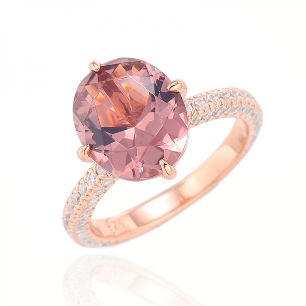 Morganite de forma oval Nano e anel de prata de zircão cúbico branco redondo com chapeamento de ouro rosa 