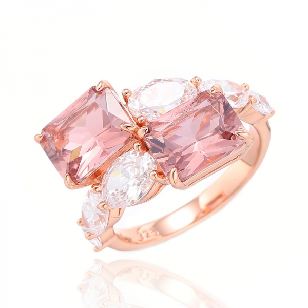 Octagon Morganite Nano e anel de prata de zircão cúbico branco de forma oval com chapeamento de ouro rosa 