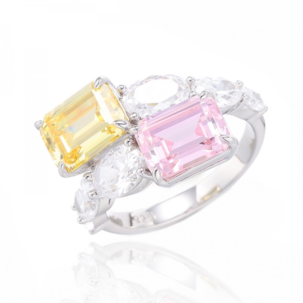 Octagon Morganite Nano e anel de prata de zircão cúbico branco de forma oval com chapeamento de ouro rosa 