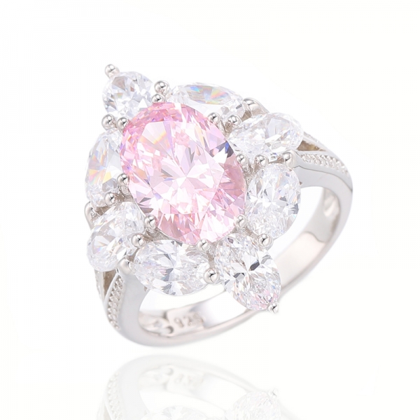 Rosa de diamante de forma oval e anel de prata de ródio de zircão cúbico branco redondo 