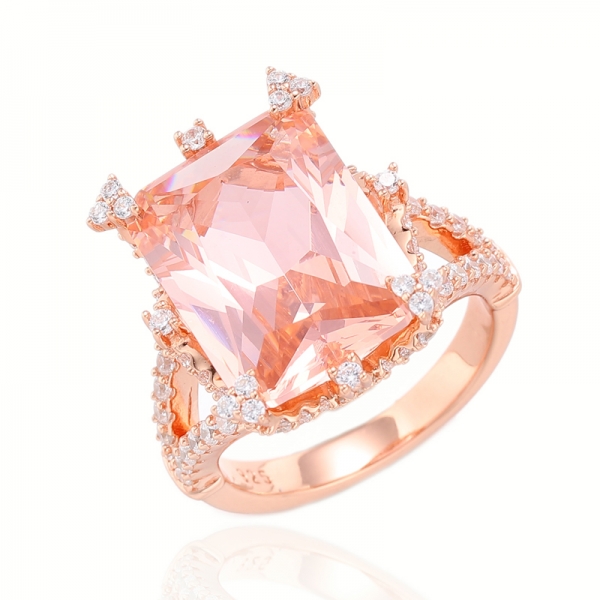 Octagon Morganite Nano e anel de prata de zircão cúbico branco redondo com chapeamento de ouro rosa 