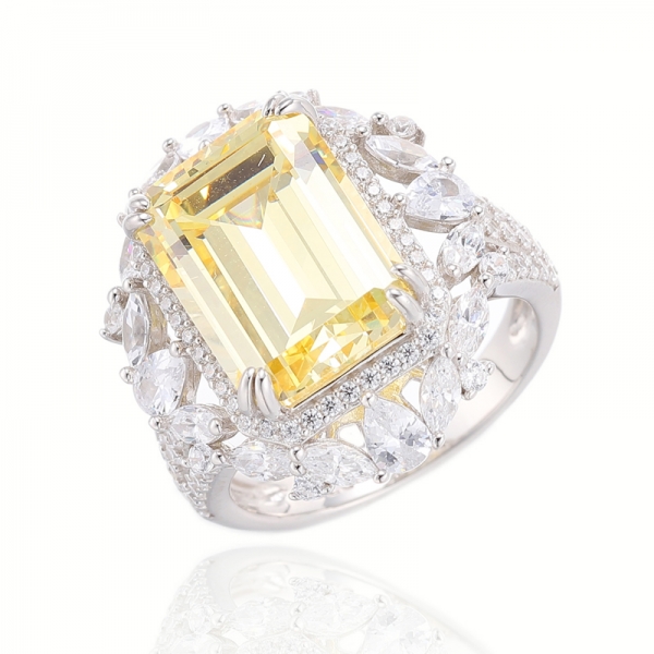 Anel de prata com banho de ródio com zircão cúbico branco esmeralda diamante amarelo e marquise 