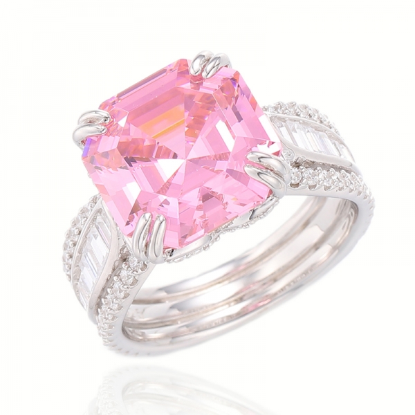 Anel de prata ródio com zircão cúbico branco Asscher rosa e baguete 