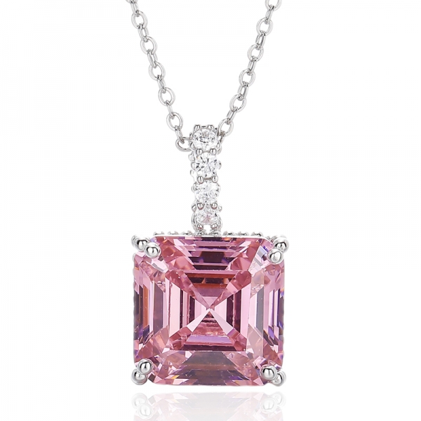 Pingente Asscher Rosa e Redondo Branco Cubic Zircon Ródio Prata 