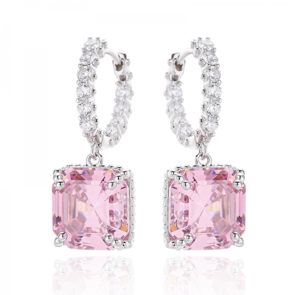 Brinco de prata Asscher rosa e redondo branco com zircão cúbico banhado a ródio 