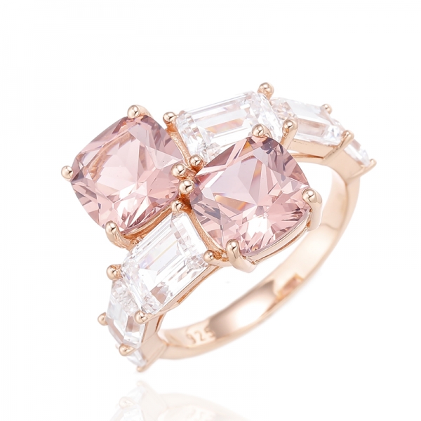 Anel de prata de zircão cúbico branco esmeralda Morganite em formato de almofada com revestimento de ouro rosa 