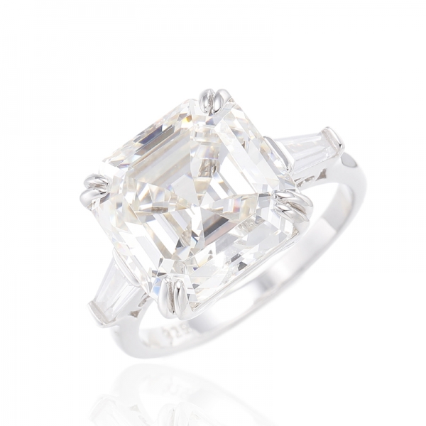 Asscher Diamond G e anel de prata ródio com zircão cúbico branco cônico 