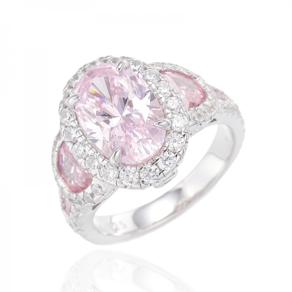 Anel de prata com revestimento de ródio de zircônia cúbica rosa em formato oval de diamante rosa e meia lua 