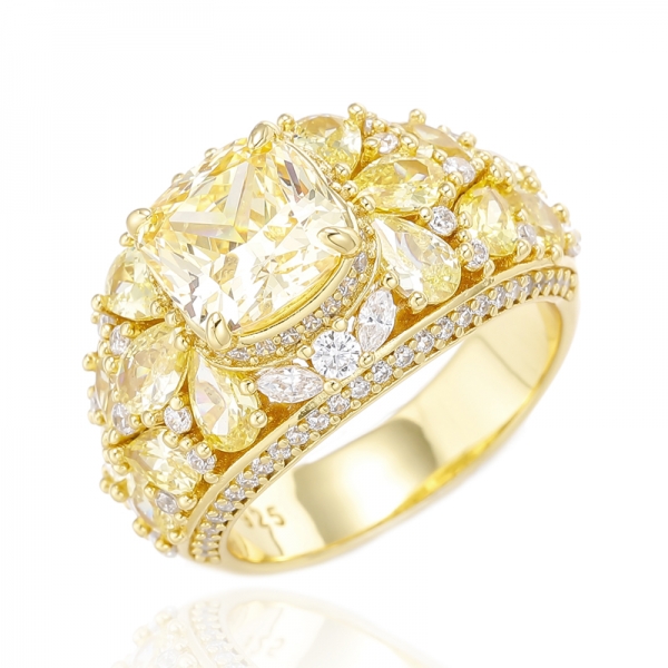 Almofada diamante amarelo e pêra anel de prata com zircão cúbico amarelo afiado com chapeamento de ouro 