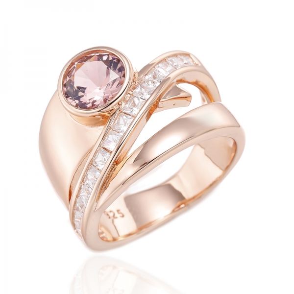 Morganite redonda Nano e anel de prata de zircão cúbico branco quadrado com chapeamento de ouro rosa 