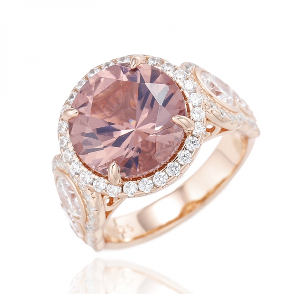 Morganite redonda Nano e anel de prata de zircão cúbico branco redondo com chapeamento de ouro rosa 