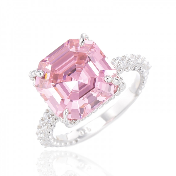 Anel de prata Asscher rosa e redondo branco com zircão cúbico banhado a ródio 