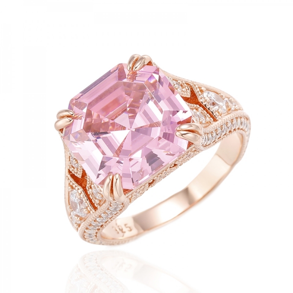 Anel de prata com zircão cúbico branco redondo e rosa 925 Asscher com banho de ouro rosa 