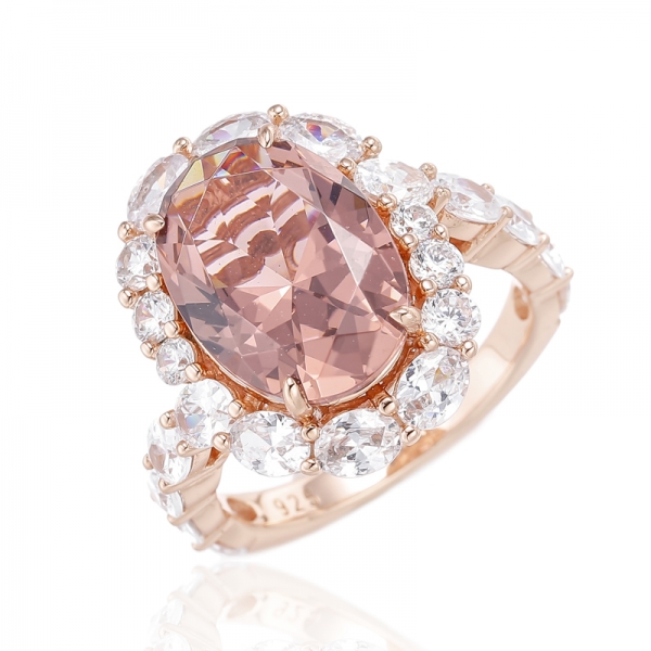 Anel de prata branco nano e redondo de Morganite de forma oval com chapeamento de ouro rosa 