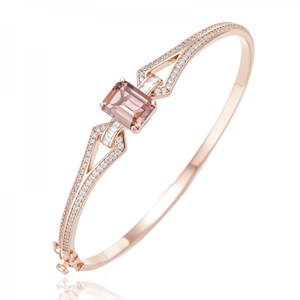 Pulseira de prata de zircão cúbico branco com corte esmeralda Morganite Nano e baguete com banho de ouro rosa 