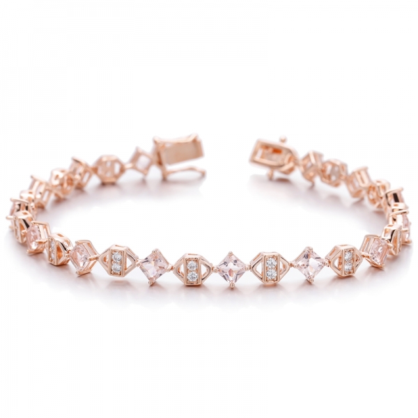 Octagon Morganite Nano e pulseira redonda de prata com zircônia cúbica branca e banho de ouro rosa 