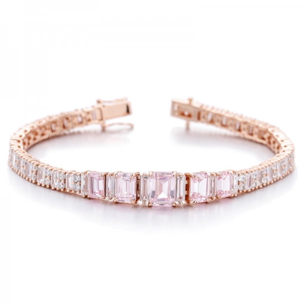 Pulseira de prata com zircônia cúbica branca e diamante lapidação esmeralda rosa e banhado a ouro rosa 