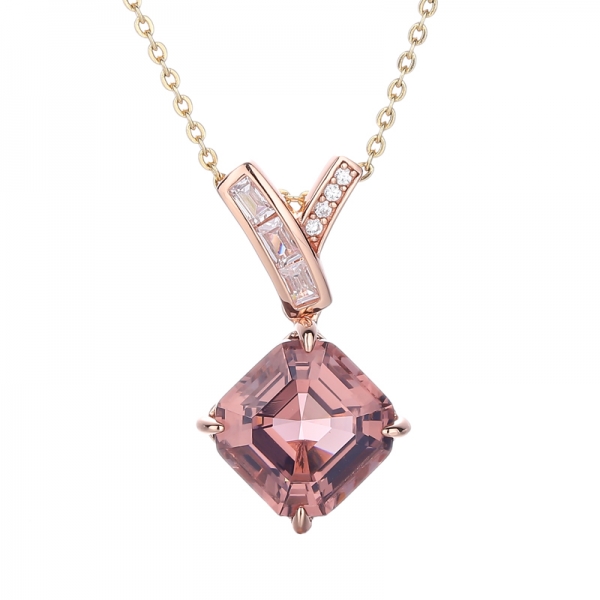 Asscher Morganite Nano e Baguette Pingente de prata com zircão cúbico branco e revestimento Rose Glod 